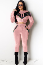 ピンク カジュアル 無地 スパンコール パッチワーク ツーピース スーツ 鉛筆 長袖 ツーピース パンツ セット