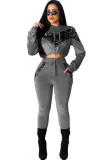 Серый повседневный однотонный костюм из двух предметов в стиле пэчворк с блестками, комплект из двух брюк-карандаш с длинным рукавом
