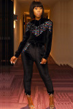 Red Casual Solid Sequin Patchwork Two Piece Suits pencil Long Sleeve Two-piece Pants Set