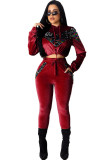 Красный повседневный однотонный костюм из двух предметов в стиле пэчворк с блестками, комплект из двух предметов, брюки-карандаш с длинными рукавами