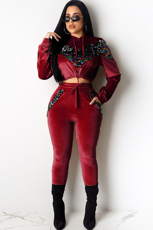 Красный повседневный однотонный костюм из двух предметов в стиле пэчворк с блестками, комплект из двух предметов, брюки-карандаш с длинными рукавами