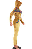 Желтый повседневный однотонный костюм из двух предметов в стиле пэчворк с блестками, комплект из двух частей брюк-карандаш с длинными рукавами