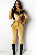 イエロー カジュアル ソリッド スパンコール パッチワーク ツーピース スーツ 鉛筆 長袖 ツーピース パンツ セット