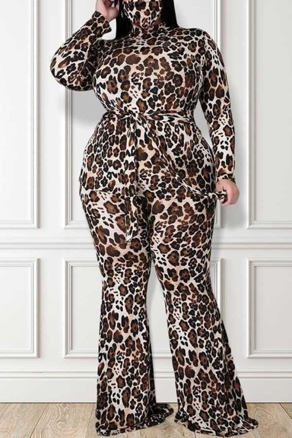 Bruin mode casual luipaard basic half een coltrui plus size jumpsuit