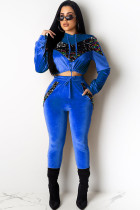 Синий повседневный однотонный костюм из двух предметов в стиле пэчворк с блестками, комплект из двух частей брюк-карандаш с длинным рукавом
