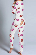 White Red Casual Print V Neck Skinny Jumpsuits