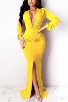 Yellow Sexy Solid Patchwork V Neck Pencil Skirt Dresses