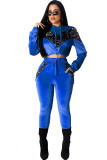 Blå Casual Solid Paljett Patchwork Tvådelad Kostym Penna Långärmad Byxset i två delar
