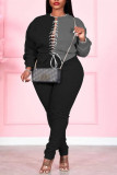 Black Fashion Casual Patchwork Strap Design O Neck Plus Size Set
