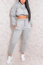 Grey Sweet Solid Patchwork Hooded Collar Long Sleeve Two Pieces