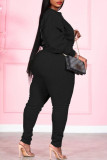 Black Fashion Casual Patchwork Strap Design O Neck Plus Size Set