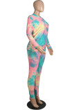 Fluorescent Yellow Casual Gradual Change Print Tie Dye Patchwork O Neck Long Sleeve Two Pieces
