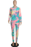 Sky Blue Casual Gradual Change Print Tie Dye Patchwork O Neck Long Sleeve Two Pieces