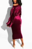 Красное вино Модное повседневное однотонное базовое платье с косым воротником и длинным рукавом
