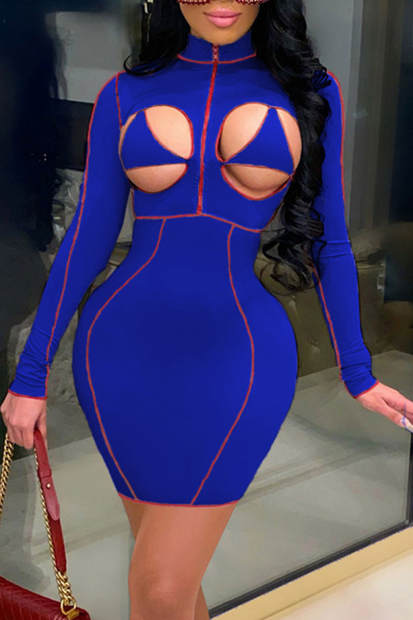 Синие сексуальные однотонные лоскутные платья с юбкой и круглым вырезом
