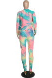 Fluorescent Yellow Casual Gradual Change Print Tie Dye Patchwork O Neck Long Sleeve Two Pieces