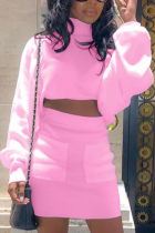 Pink Sexy Solid Patchwork Turtleneck Long Sleeve Two Pieces
