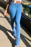 Jeans regolari a vita alta con piega solida casual alla moda blu scuro
