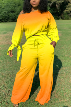 naranja amarillo casual patchwork teñido anudado un hombro manga larga dos piezas