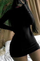 Zwarte sexy effen patchwork halve coltrui A-lijn jurken