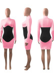 ピンク ストリート ソリッド パッチワーク マンダリン カラー ラップ スカート ドレス