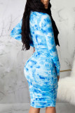 ブルーのセクシーなプリント パッチワーク フォールド O ネック ペンシル スカート ドレス