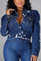 Blue Sexy Solid Buttons Turndown Collar Long Sleeve Skinny Denim Cropped Jackets
