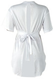 Witte O-hals met korte mouwen en rugloze ruches Print asymmetrisch uitgeholde T-shirts en T-shirts