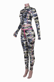 Camouflage Casual Work Street Camouflage Print Patchwork Scollo a V Manica lunga Due pezzi