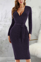 Purple Sexy Solid Patchwork V Neck Pencil Skirt Dresses