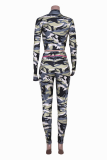 Camouflage Casual Work Street Camouflage Print Patchwork Scollo a V Manica lunga Due pezzi