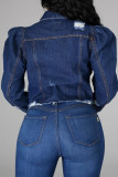 Синий сексуальный однотонный воротник с отложным воротником и длинными рукавами из джинсовой ткани с пуговицами
