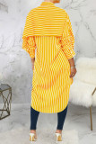 Geel sexy gestreepte print patchwork turndown kraag jurken