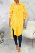Gelbe, sexy Patchwork-Umlegekragen-Kleider mit Streifenmuster