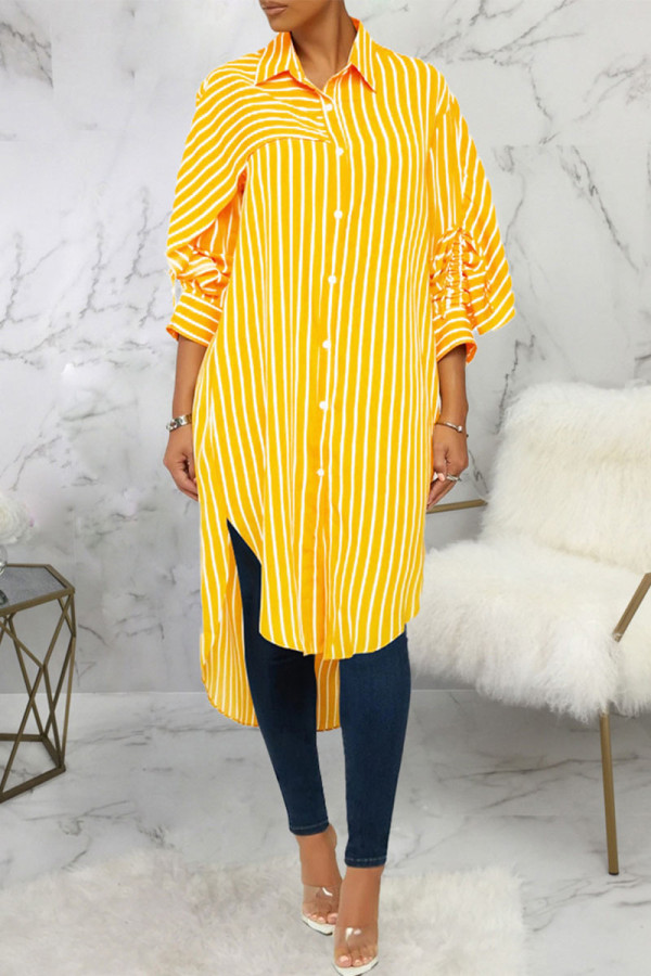 Yellow Sexy Striped Print Patchwork Turndown Collar Dresses