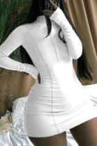 White Sexy Solid Patchwork Half A Turtleneck A Line Dresses