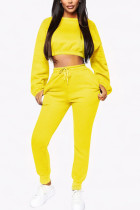 Gelbe lässige zweiteilige Anzüge, Patchwork, solide, gerade, langärmelige, zweiteilige Hosen-Set