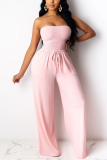 Tangerine Red Sweet Solid Patchwork Strapless Regular Jumpsuits