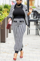 Black White Street Plaid Patchwork Turndown Collar Long Sleeve Two Pieces