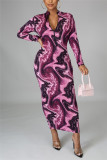 Фиолетовый модный повседневный принт Основные платья-карандаш с высоким воротником