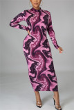 Фиолетовый модный повседневный принт Основные платья-карандаш с высоким воротником