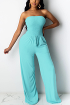 Baby Blue Sweet Solid Patchwork Strapless Regular Jumpsuits