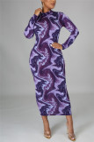 Púrpura Moda casual estampado básico medio cuello alto lápiz vestidos