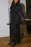 ブラック ファッション カジュアル ソリッド パッチワーク ジッパー カラー ロング スリーブ ツーピース