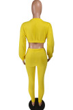 Gele casual tweedelige pakken patchwork effen rechte tweedelige broekset met lange mouwen