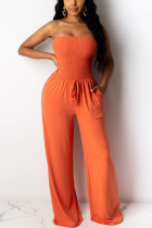 Tangerine Red Sweet Solid Patchwork Strapless Regular Jumpsuits
