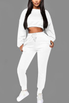 Branco casual ternos de duas peças retalhos sólidos em linha reta manga longa conjunto de calças de duas peças
