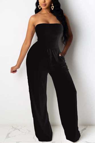 Black Sweet Solid Patchwork Strapless Regular Jumpsuits