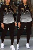 Grey Fashion Casual Gradual Change Letter Print Basic O Neck Long Sleeve Two Pieces