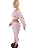 Roze casual tweedelige pakken patchwork effen rechte tweedelige broekset met lange mouwen